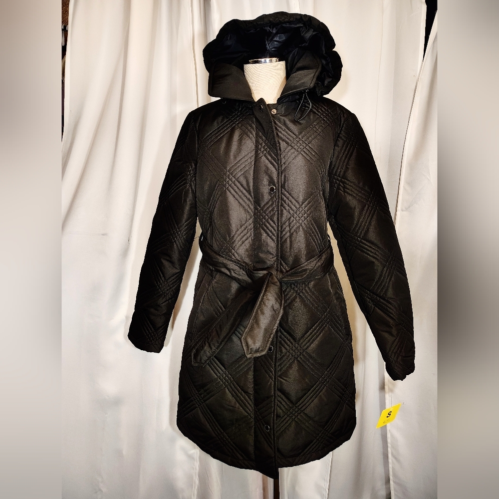 Jones NY Tag Trench -Peacoat, Women,Black Hood, ZipUp, Pckts,Waist Tie,Quilted,S